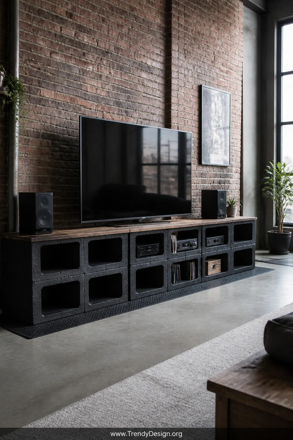 A wide shot of a loft-style living room featuring a row of raw concrete cinder blocks painted in matte charcoal supporting a 