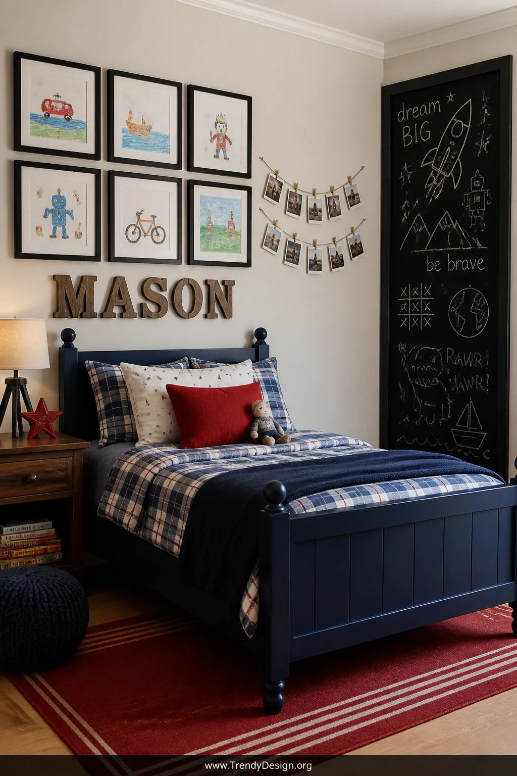 Medium shot of a personalized boy's bedroom corner where a gallery wall displays crayon drawings and watercolors in matching 