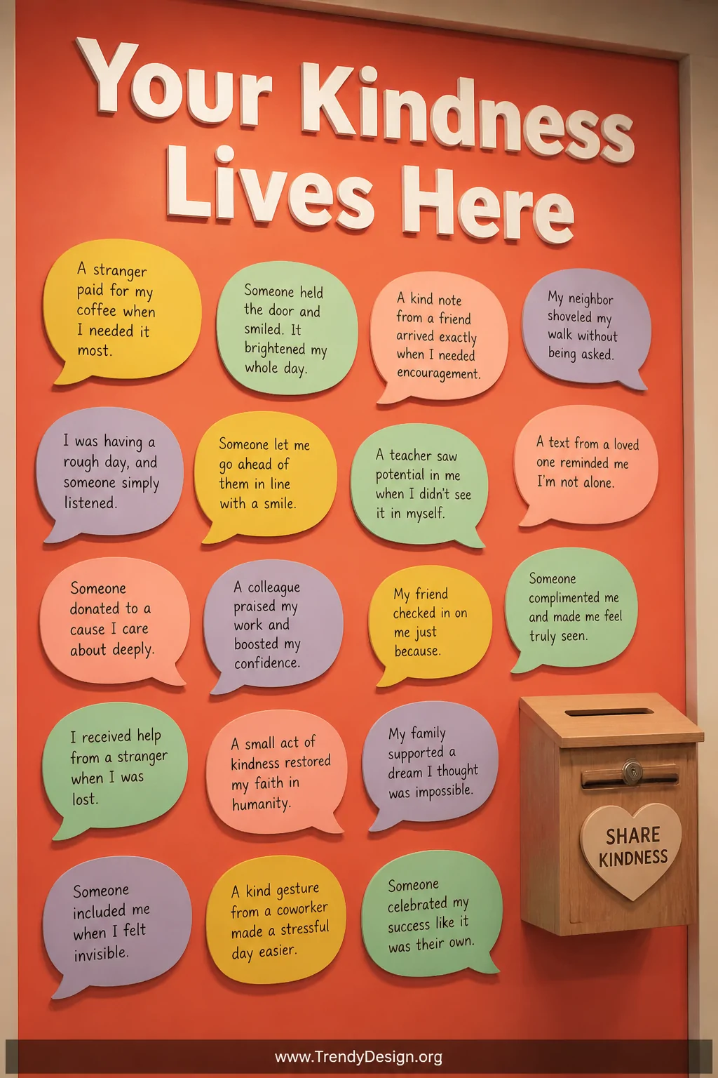 A closeup detail shot of a vibrant bulletin board scattered with speech bubble cutouts in layered shades of mint green, soft 