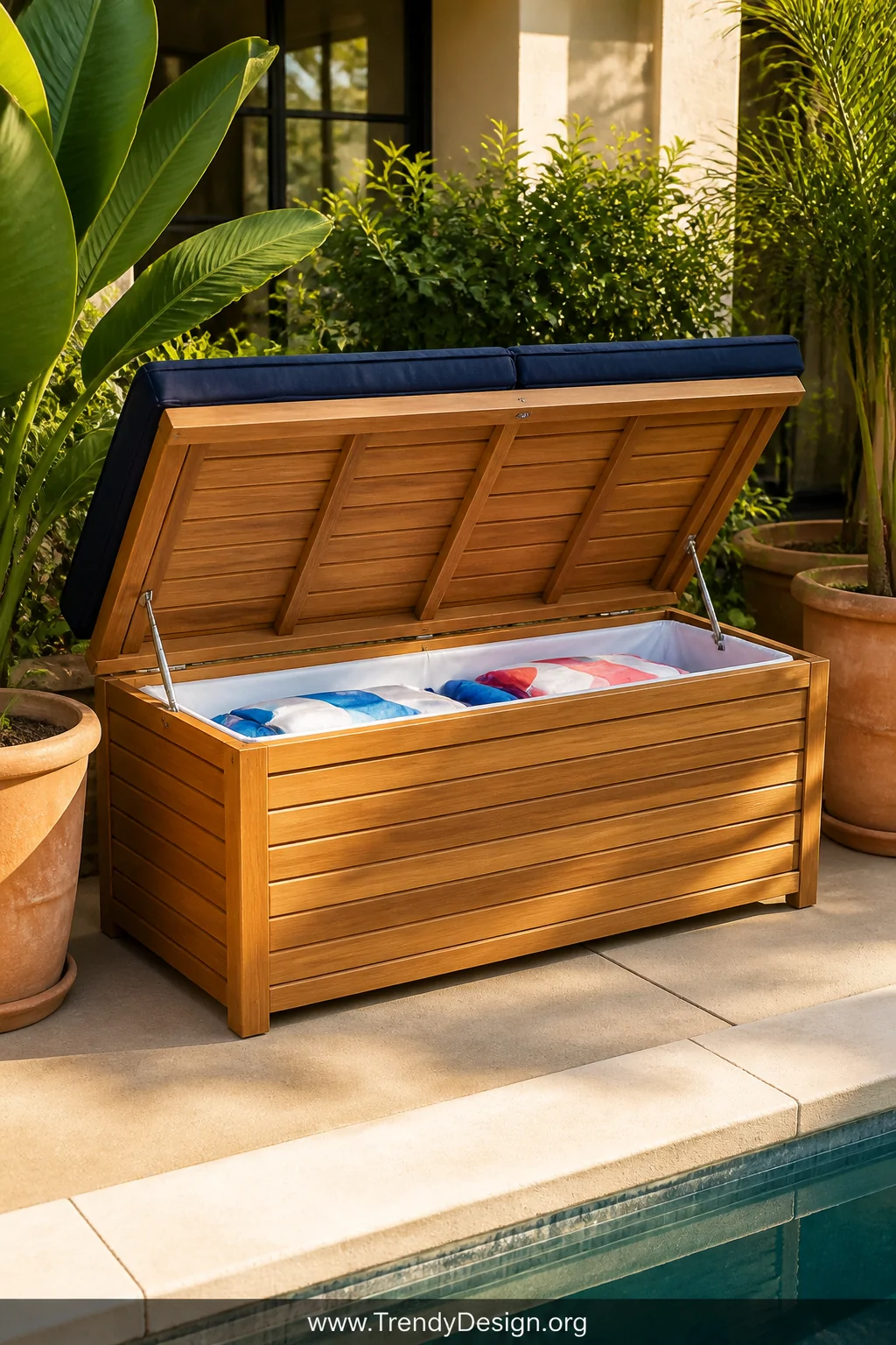 Wide poolside shot of a substantial cedar outdoor storage bench with a lift-top lid, warm honey-toned wood sealed with a sati
