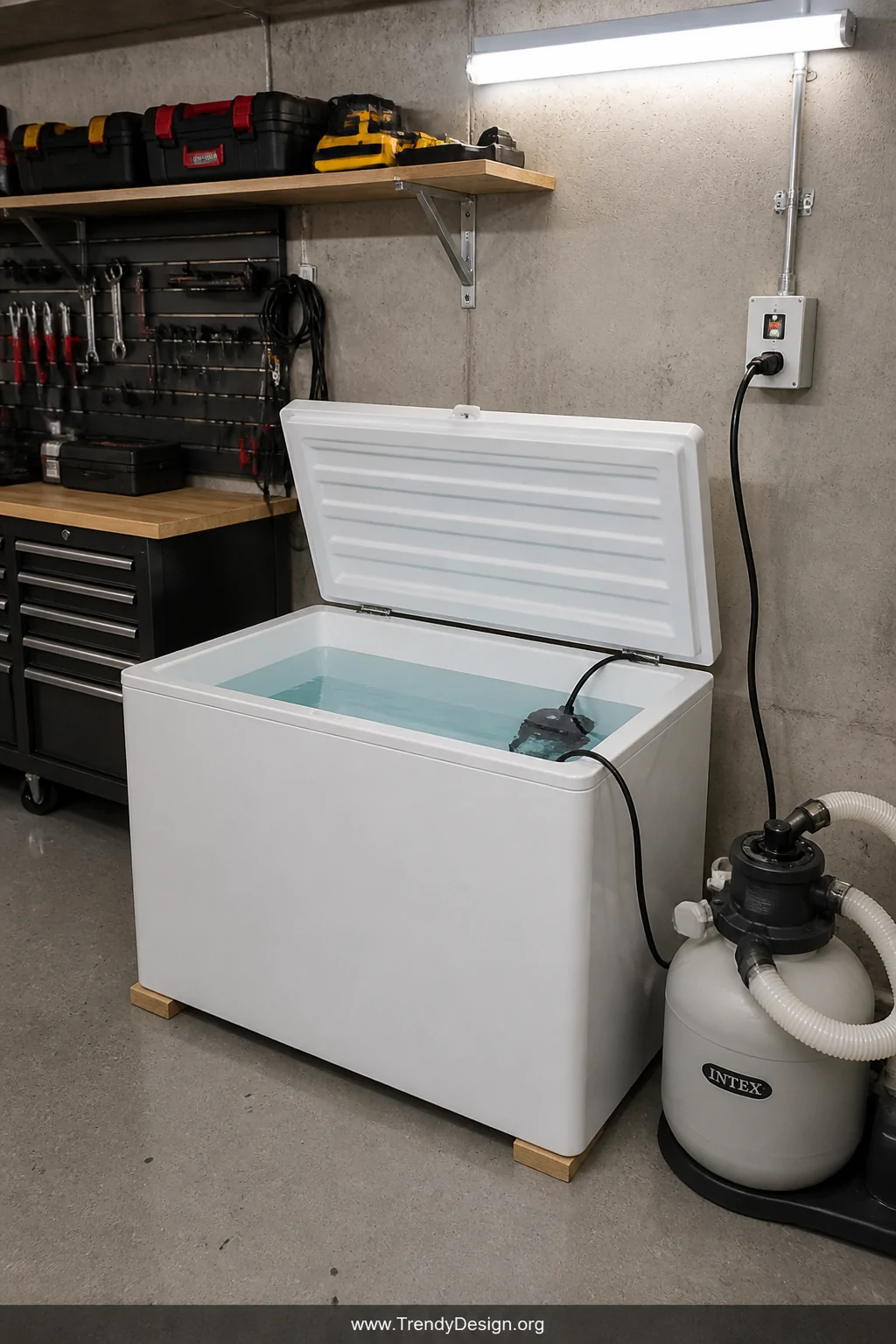 Medium shot of a white chest freezer repurposed as a cold plunge tub on a garage workshop floor, with a submersible pump cord