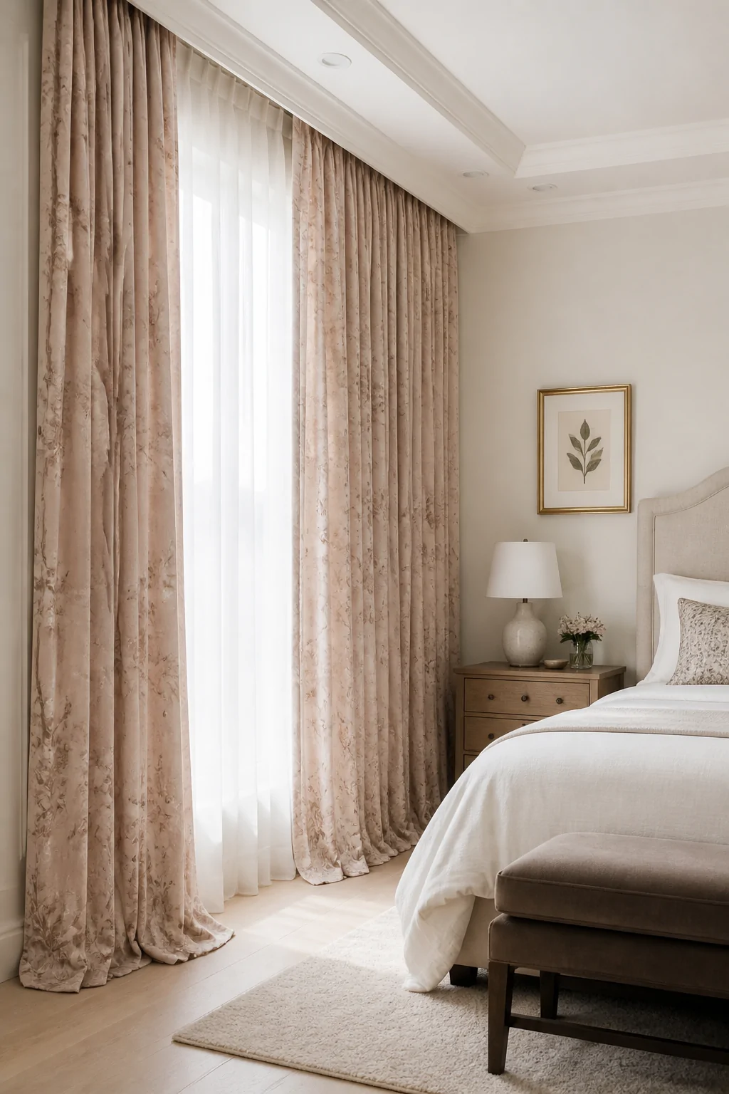Wide interior shot of a serene neutral bedroom with floor-to-ceiling dusty blush linen floral curtains hung close to the ceil