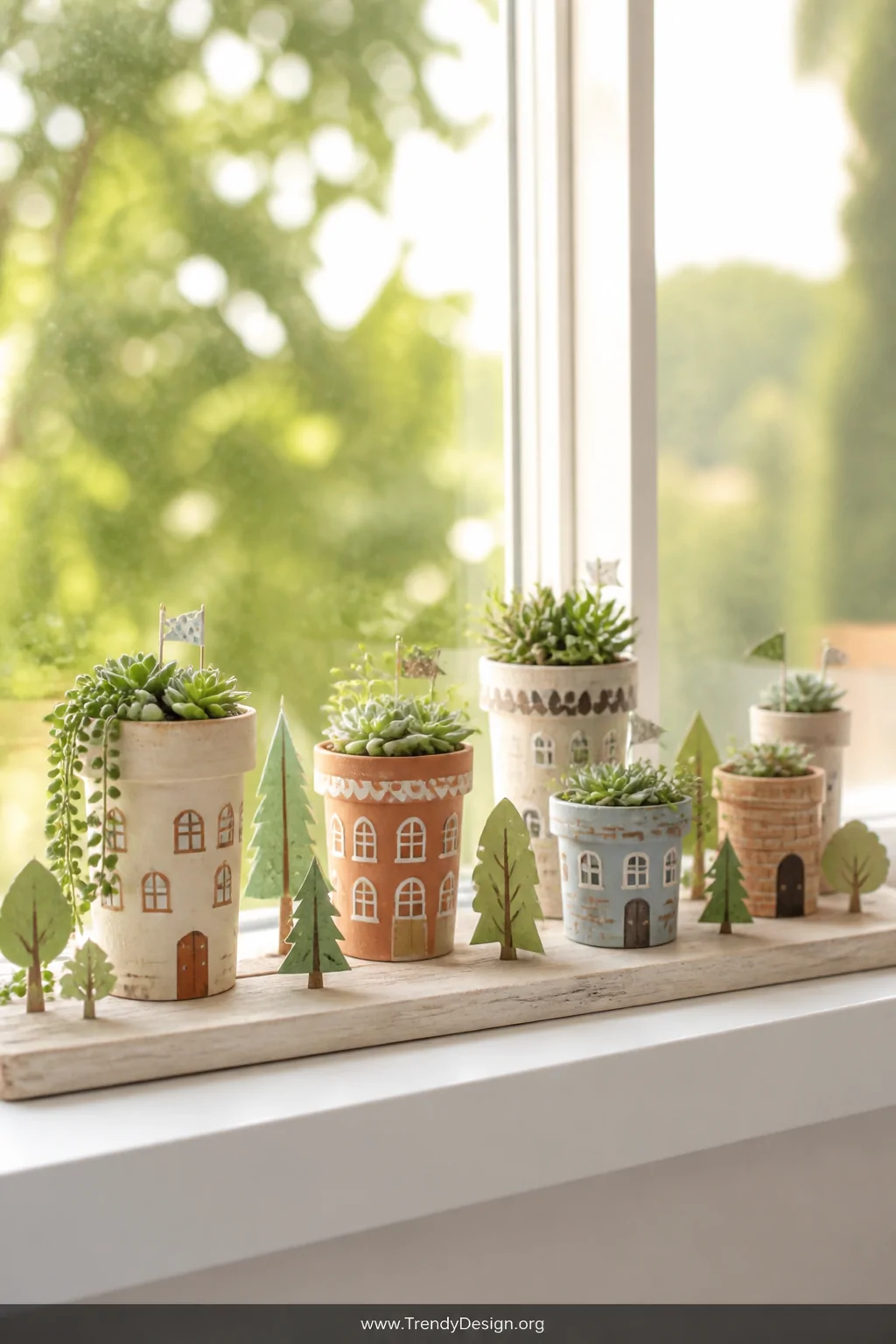 A medium wide shot of a sun-drenched windowsill displaying a charming miniature village of painted foam cups in cream, terrac