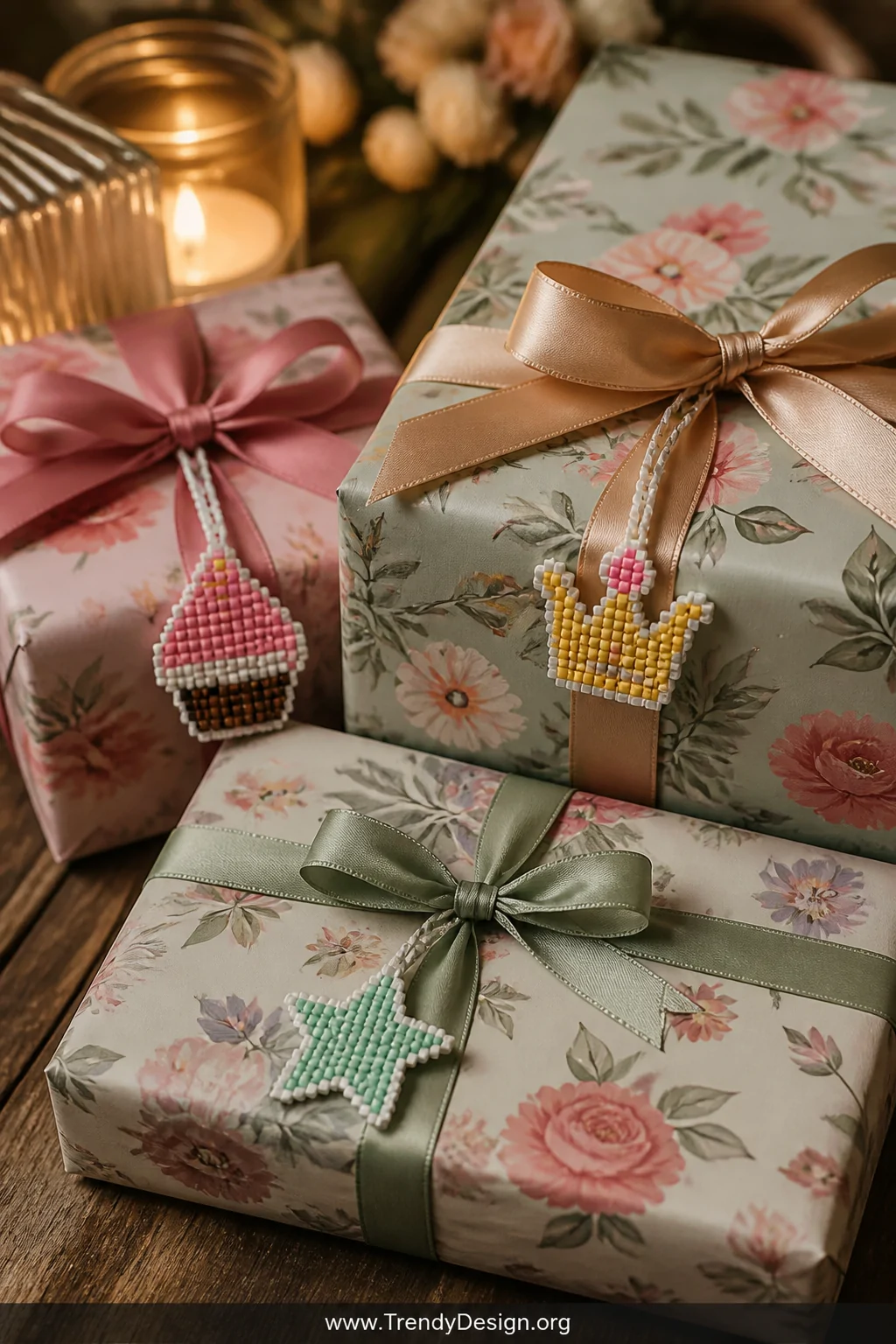 A detail closeup shot of beautifully wrapped birthday gifts in coordinating floral wrapping paper, adorned with small Perler 