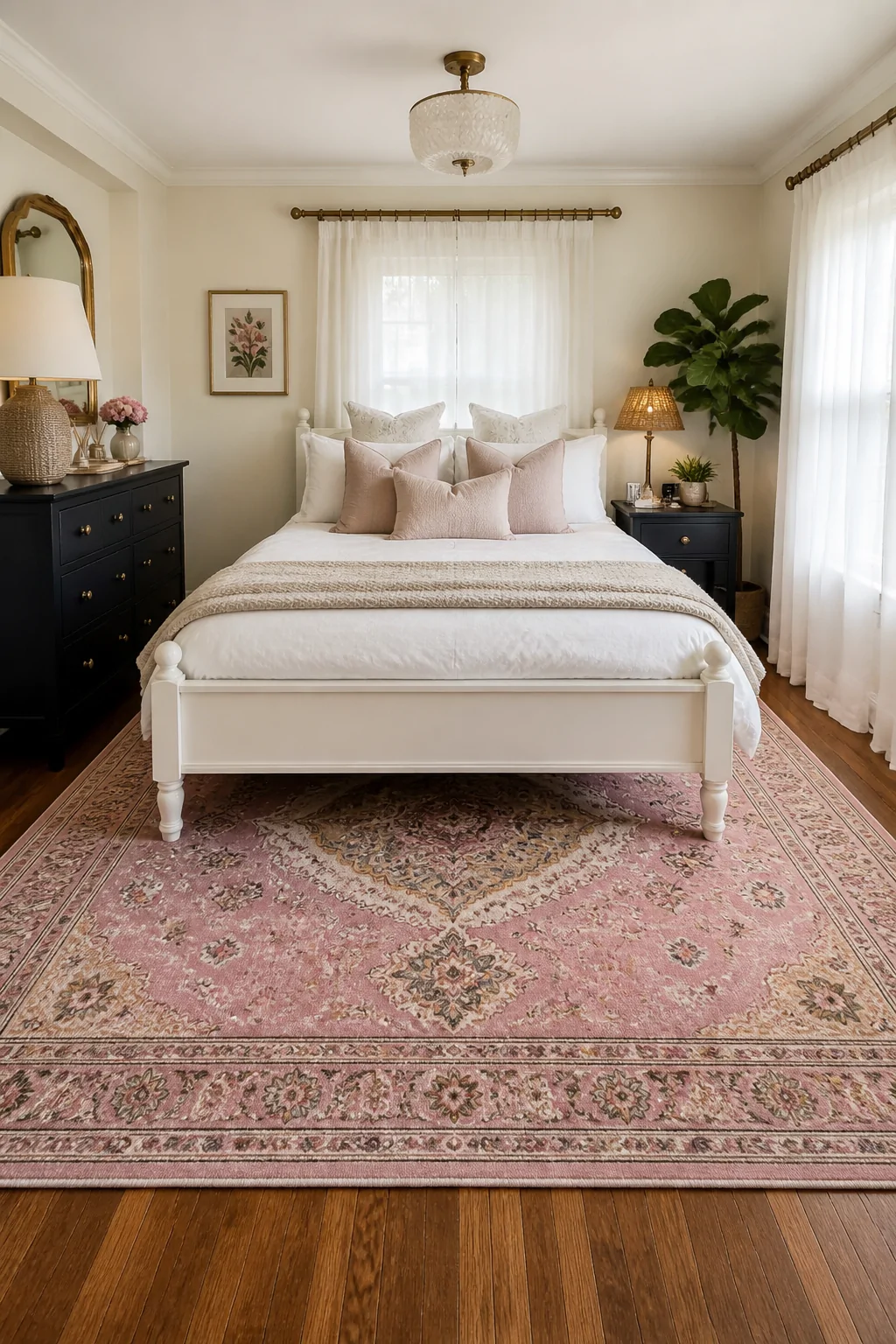 Wide-angle photorealistic shot of a small bedroom with a ornate pink Persian rug anchored under a queen-sized bed with the fr