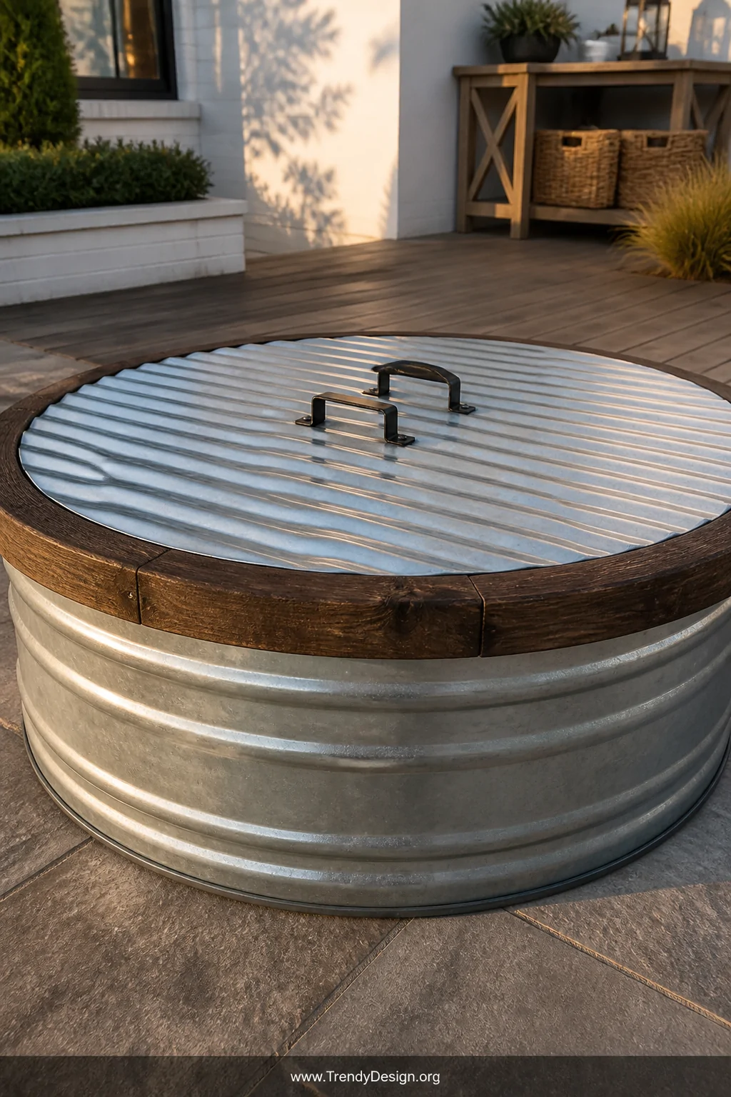 Medium closeup shot of a corrugated silver metal lid fitted over a galvanized stock tank, framed with dark wood trim along th