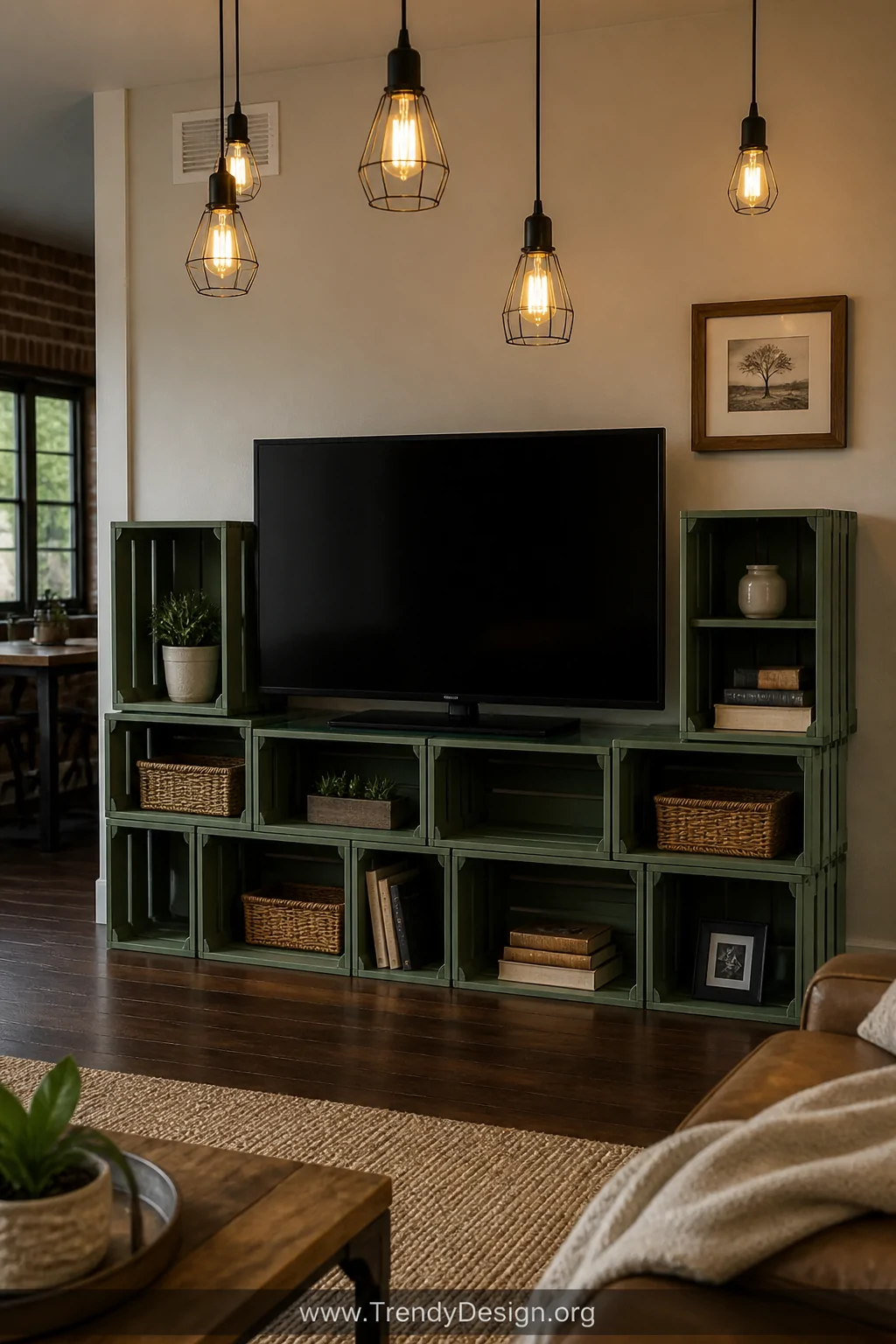 A wide room shot of wine crates stacked in a mixed horizontal and vertical modular configuration painted in uniform dusty sag