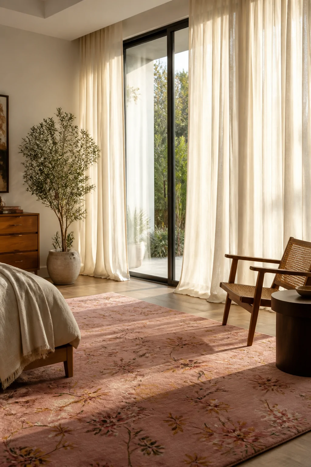 A wide photorealistic bedroom or living room scene with floor-to-ceiling sheer ivory linen curtains pooling softly onto the f
