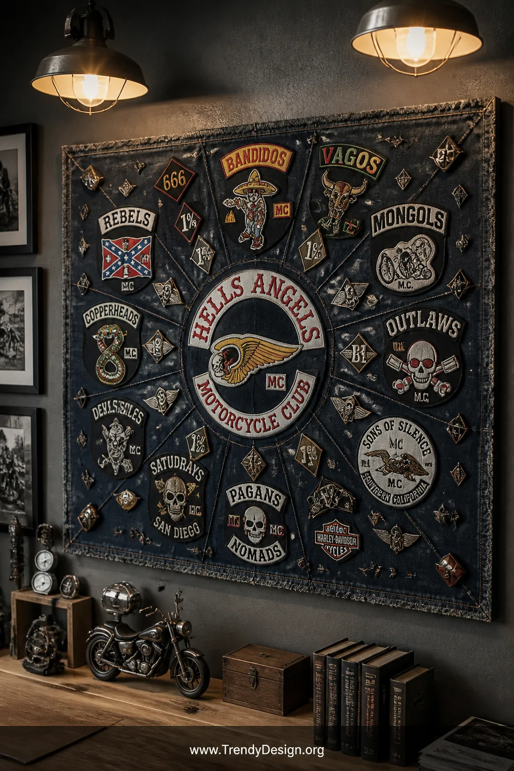 Medium shot of a den or man cave wall displaying a large distressed denim panel stretched over a wooden frame covered in an i