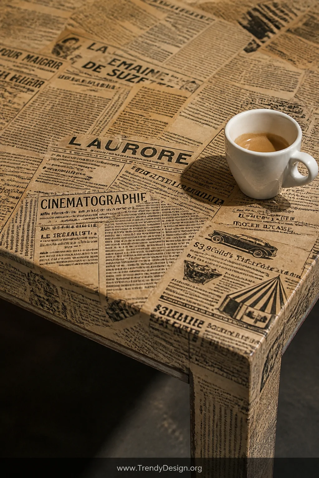 A closeup detail shot of a coffee table surface covered in torn-edge French and vintage American newspaper decoupage, high-co