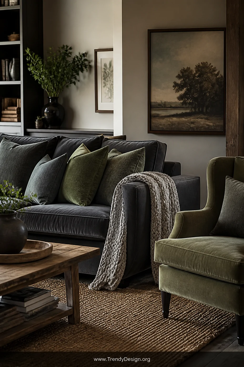 Medium close shot of a dark grey velvet sofa draped with a chunky knit throw over one arm, layered with sage green and charco