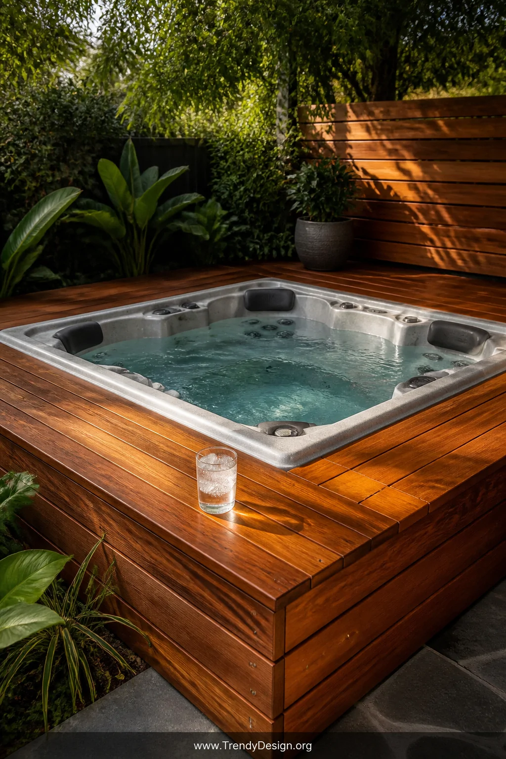 A wide photorealistic shot of a square outdoor hot tub fully framed by a smooth, freshly oiled cedar wraparound table surface