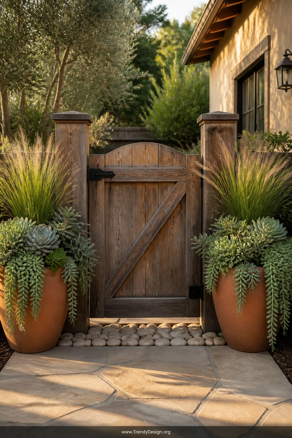 Wide outdoor shot of a rustic wooden fence gate flanked symmetrically by two large terracotta planters overflowing with silve