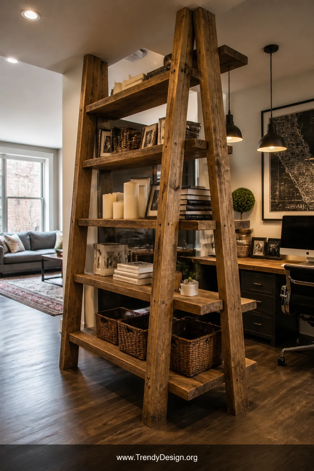 Wide photorealistic interior shot of an open-plan apartment workspace featuring a rustic reclaimed wood ladder shelf divider 