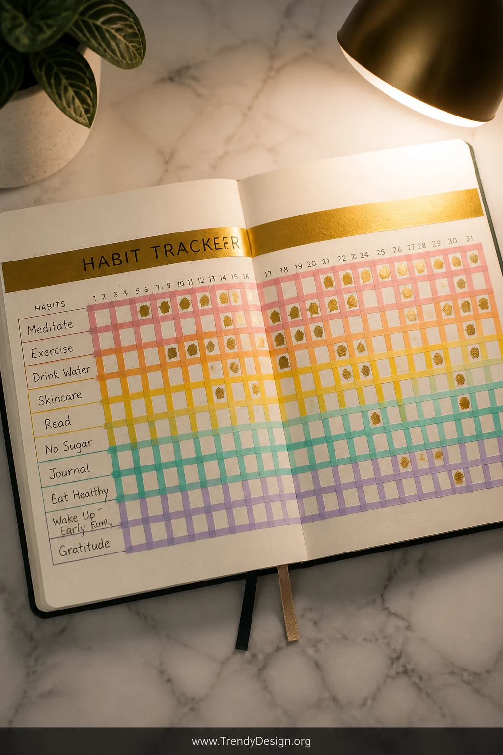 Medium overhead shot of an open planner spread displaying a monthly habit tracker built entirely with washi tape grid lines, 