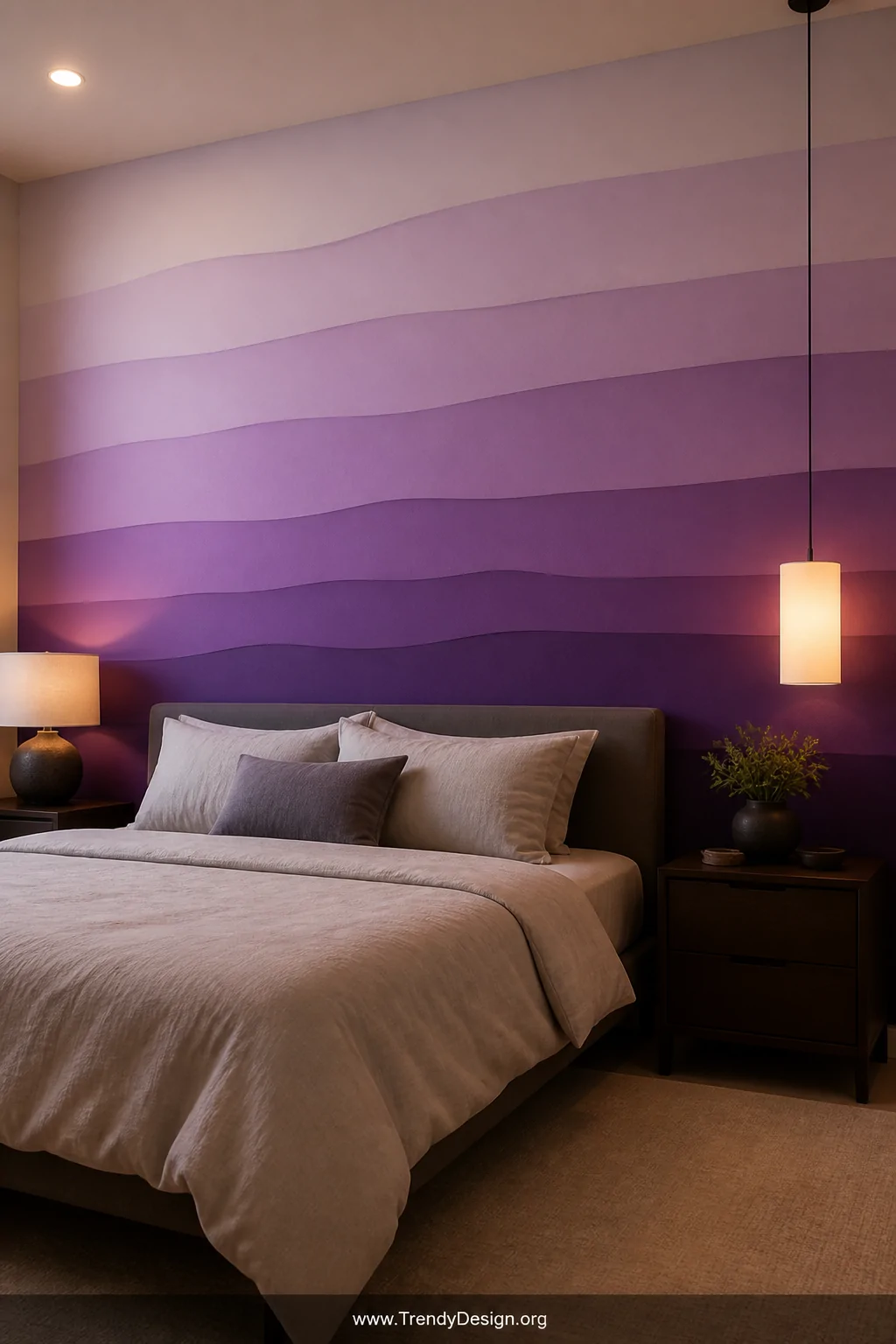Wide-angle photorealistic shot of a dramatic bedroom accent wall covered in layered color-changing vinyl sheets transitioning