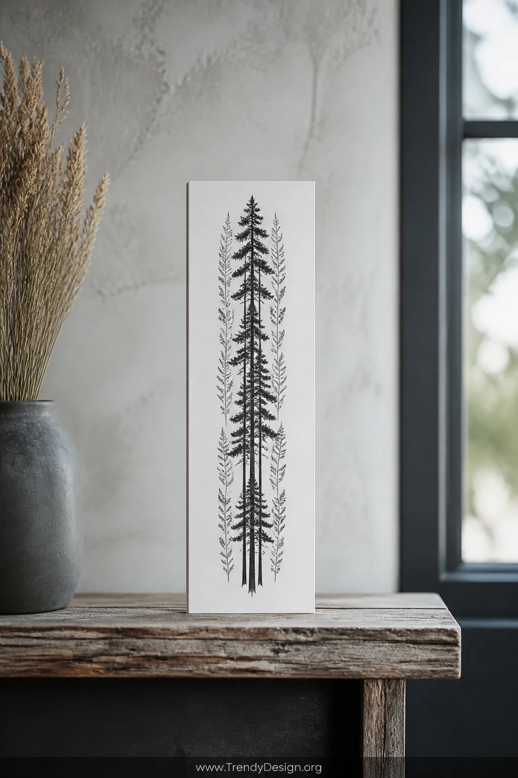 A medium wide shot of a slimline card displayed on a rustic wooden shelf, showing a vertically stamped scene of tall dark pin