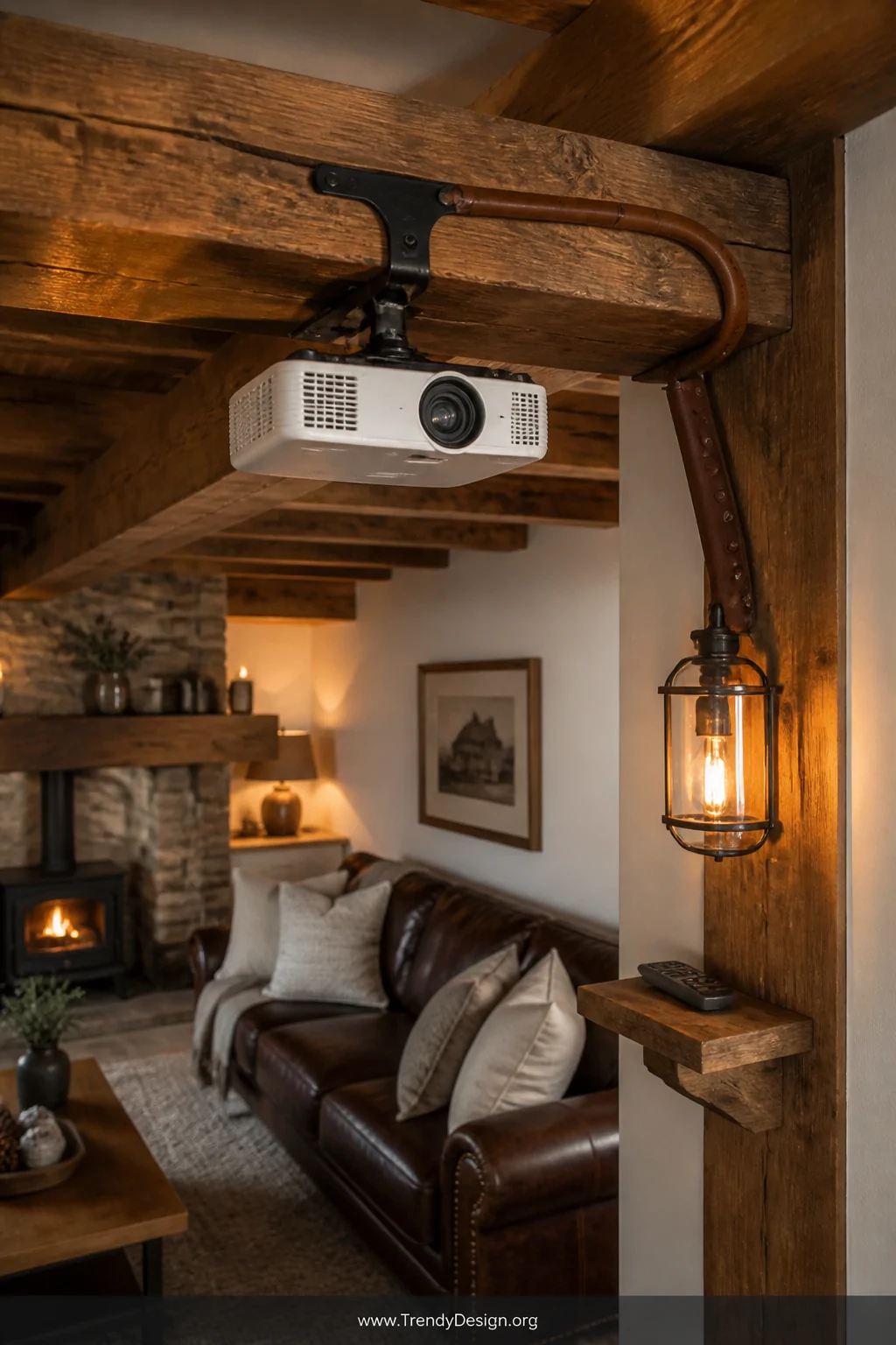 Medium shot of a cozy rustic farmhouse living room where a projector is clamped onto a thick exposed wooden ceiling beam, lea