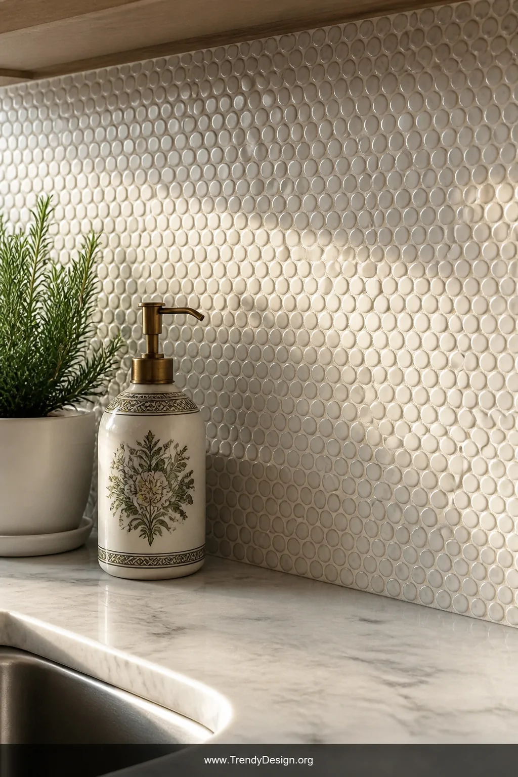 Close-up detail shot of a white penny tile backsplash with soft ivory grout behind a kitchen countertop, the tiny circular ti