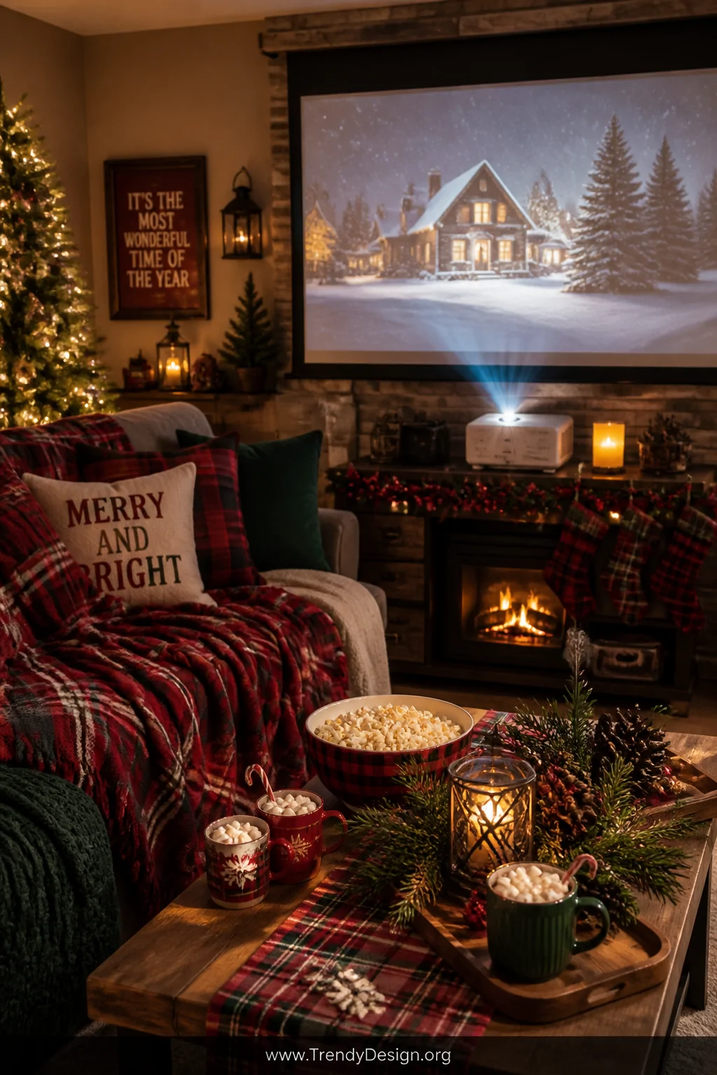 Wide shot of a Christmas-themed movie night living room spread featuring plaid red and green blankets draped over a sofa, pin