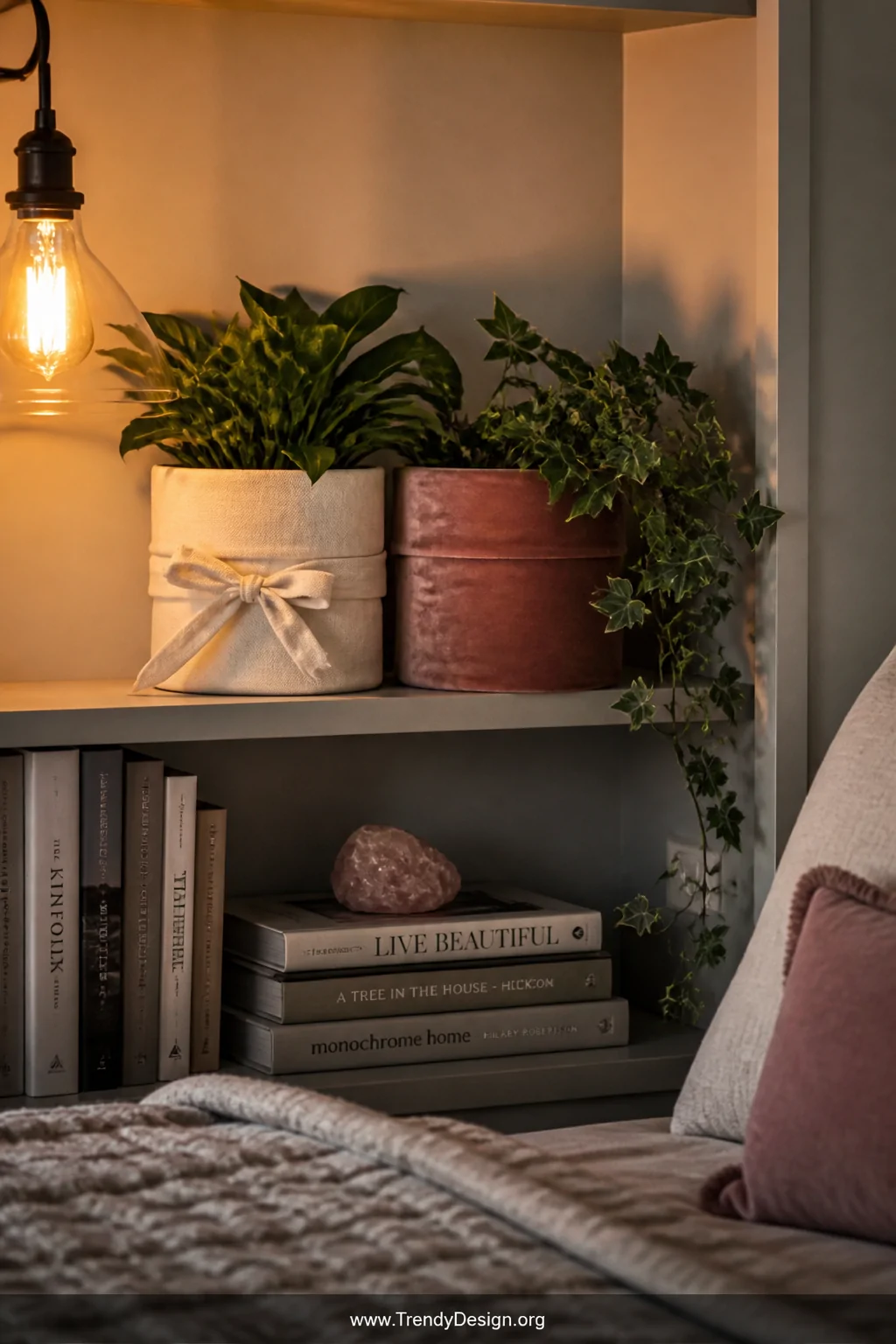 A medium shot of a cozy bedroom reading nook shelf styled with two fabric-wrapped plastic plant pots   one covered in soft iv