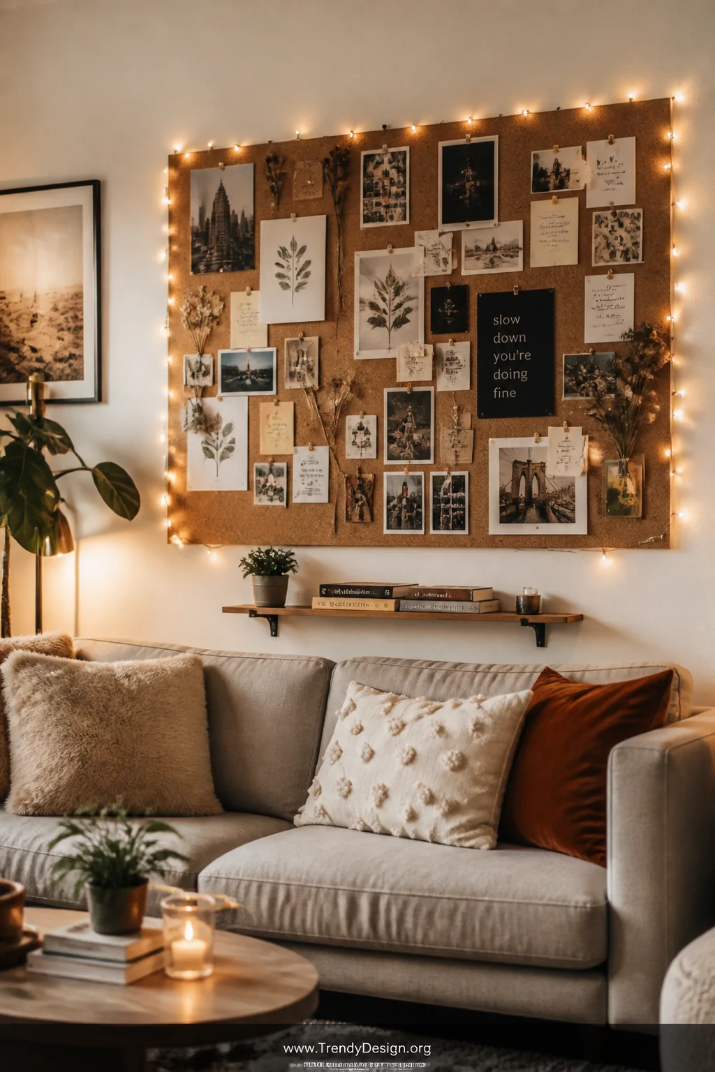 Wide shot of a cozy living room gallery wall anchored by a large natural cork board layered with matte prints, glossy snapsho
