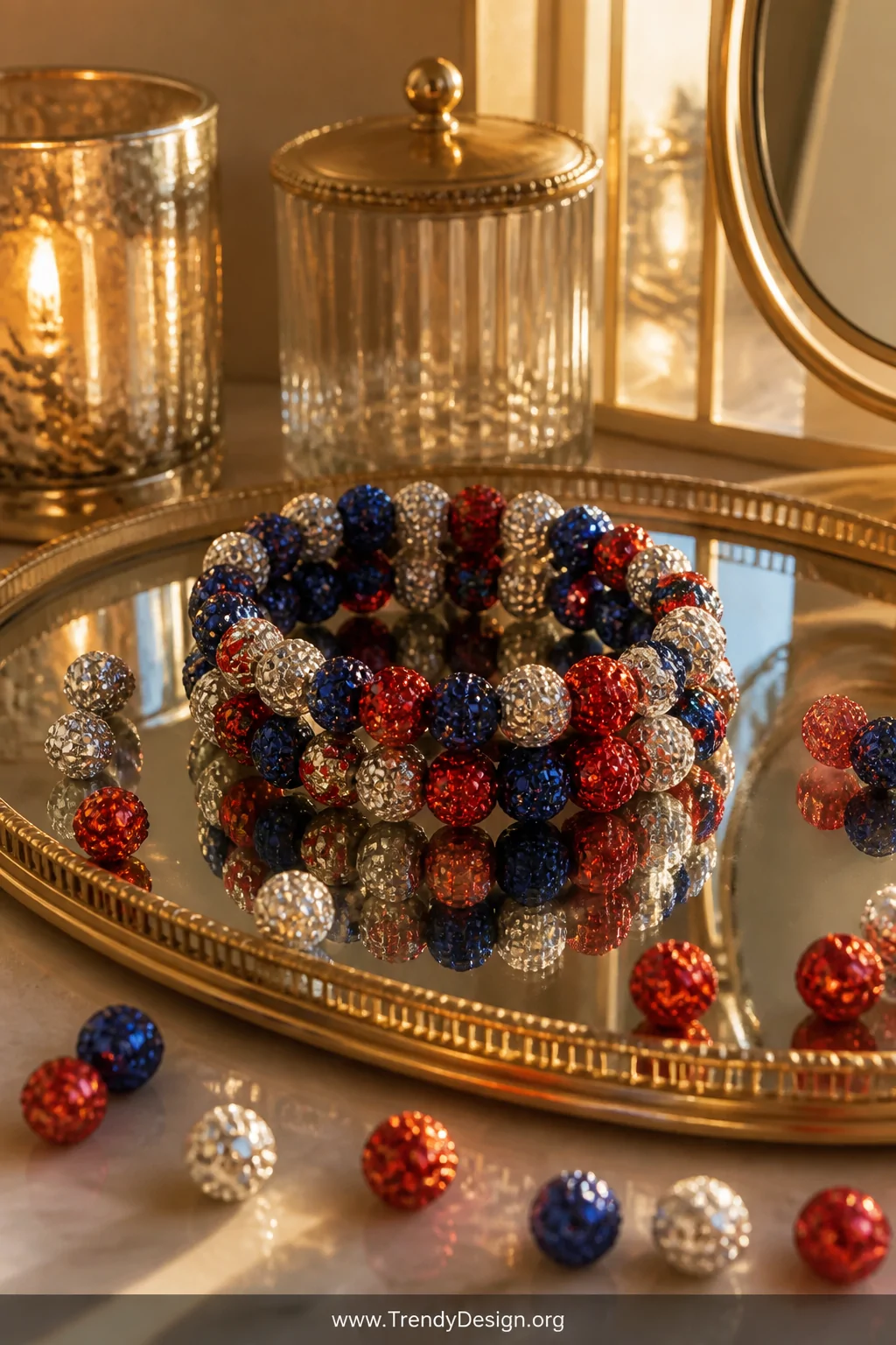A medium shot of a glamorous vanity tabletop scene featuring a clay bead bracelet made of deep navy glitter, sparkly silver, 