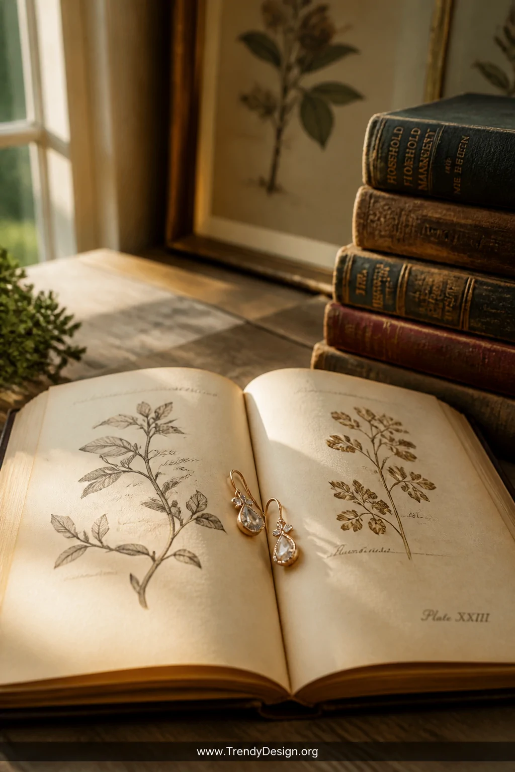 A medium warm-toned shot of a pair of delicate earrings resting in the spine crease of an open vintage book with aged yellowe