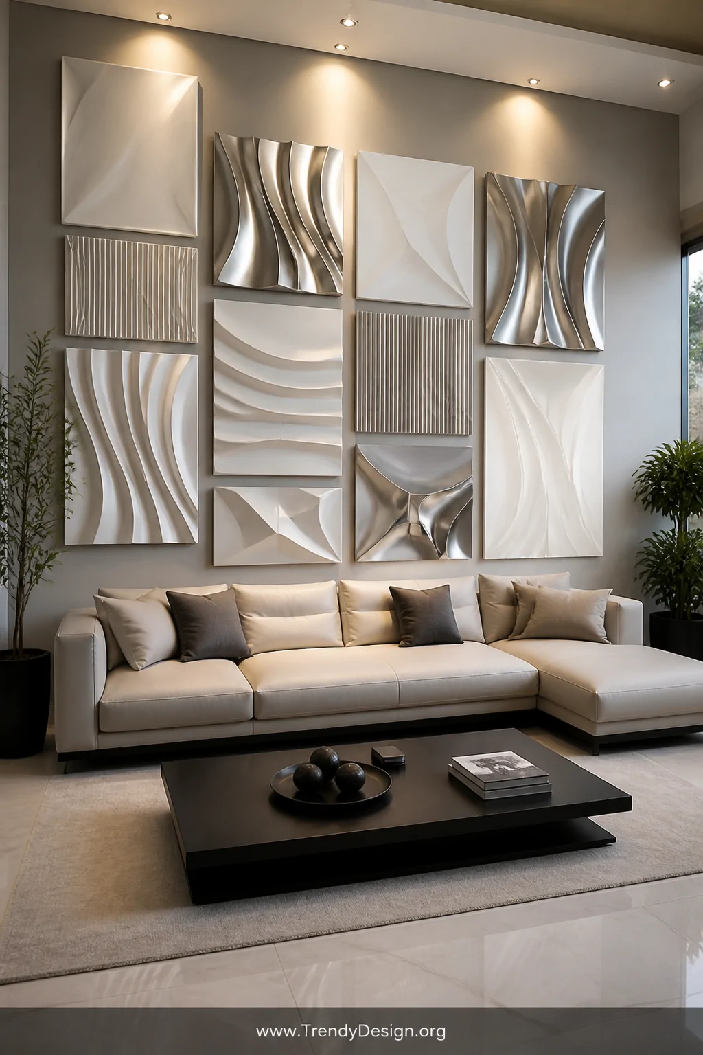Wide room shot of a modern living room featuring a dramatic gallery wall of sculptural vacuum-formed wall panels in crisp whi