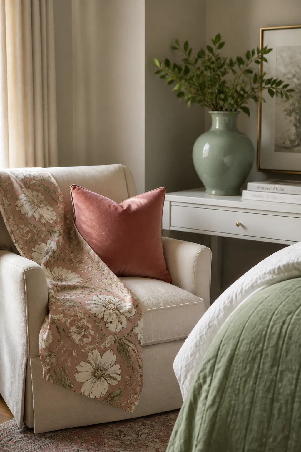 Detail shot of a bedroom corner styled around a dusty rose and sage green palette, a floral fabric swatch draped over a cream