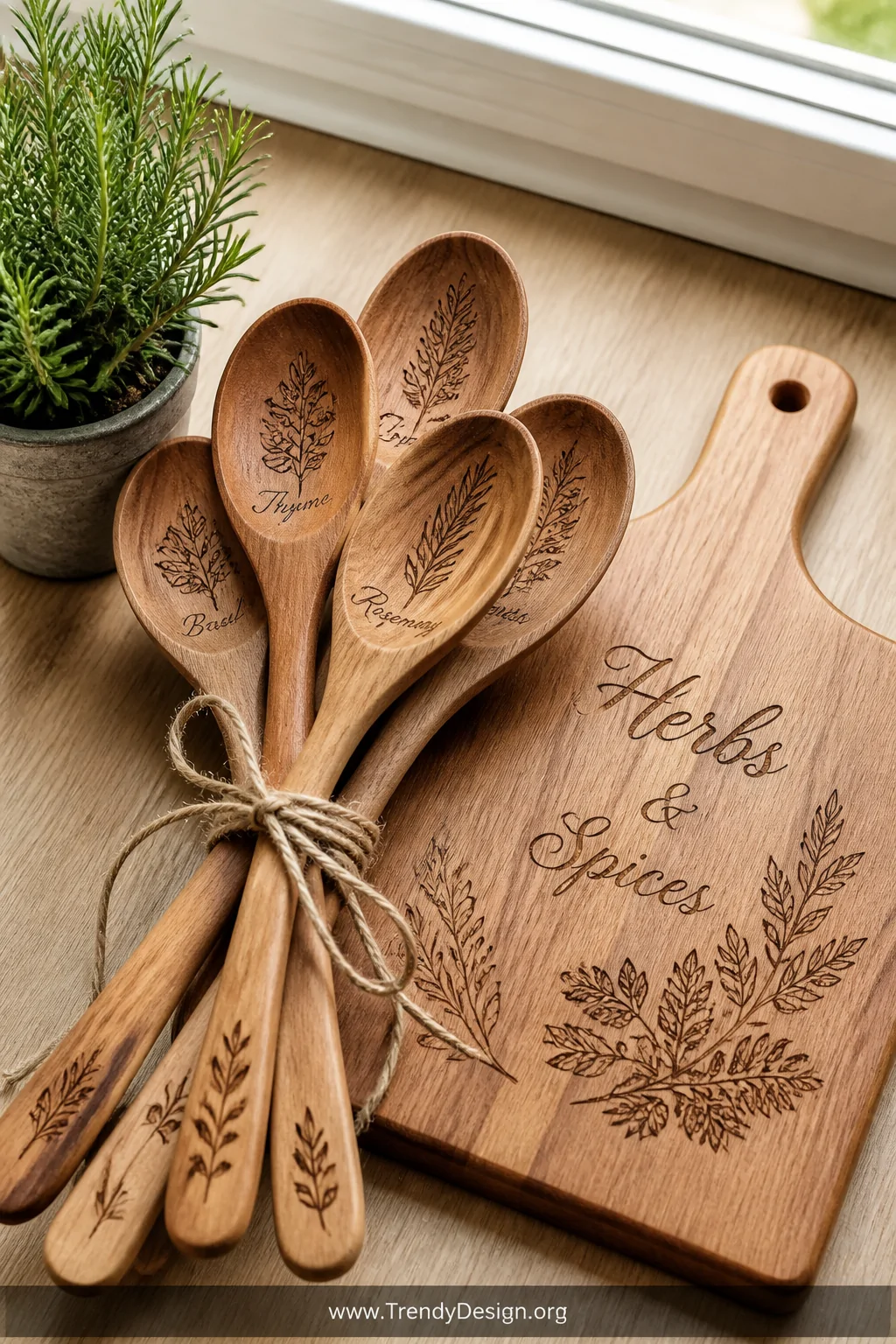 A close-up styled shot of a set of smooth wooden spoons and a cutting board arranged on a pale oak kitchen counter, each piec
