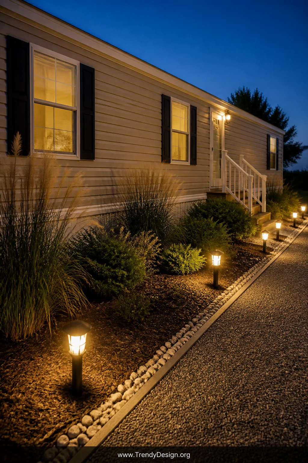 A medium exterior shot of a mobile home's front foundation bordered by a neatly mulched landscape bed filled with feathery or