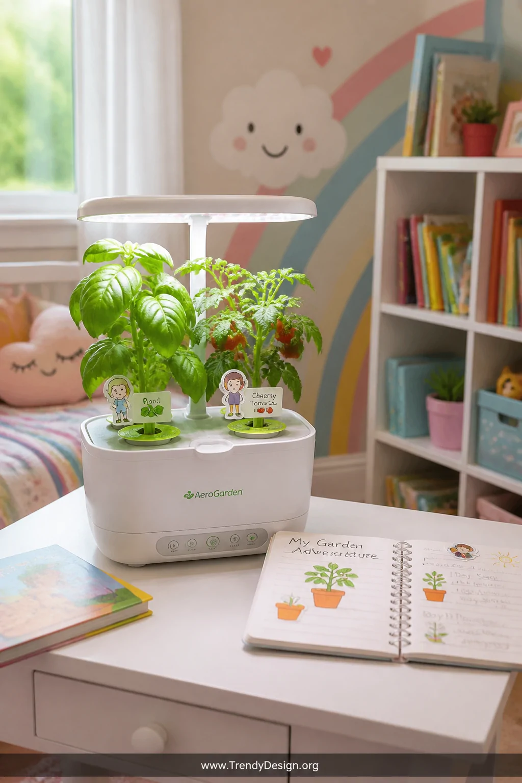 Medium shot of a colorful children's bedroom corner with a small Aerogarden unit on a low white wooden table, bright green ba