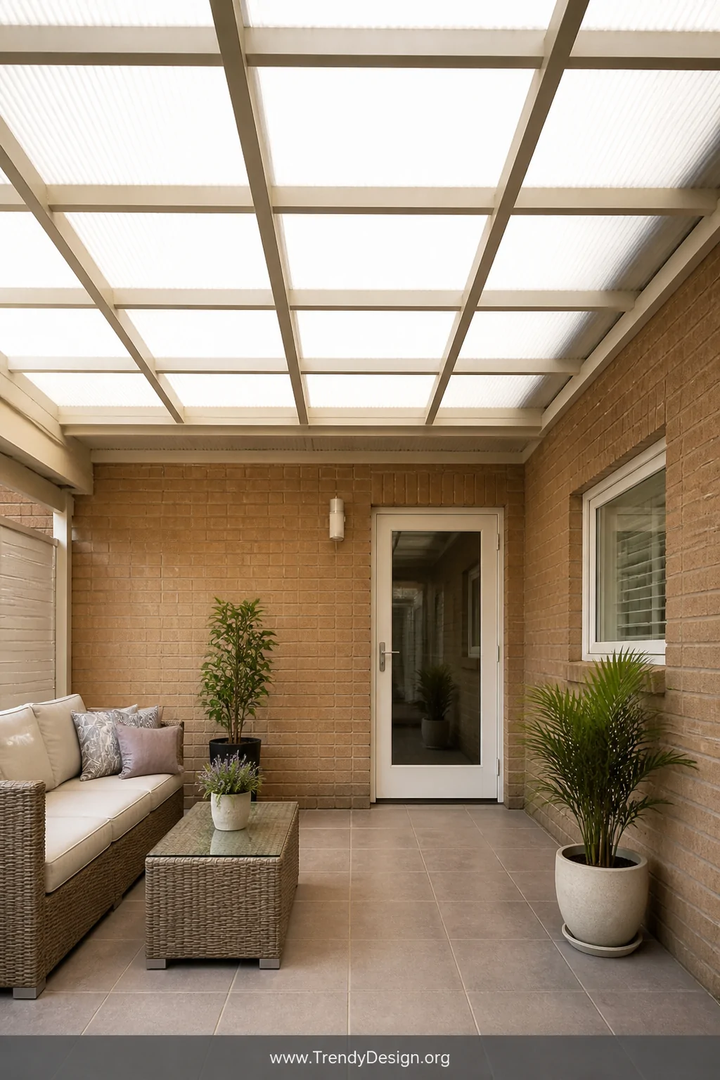 Medium photorealistic interior-facing shot of a flat porch covered with opal twin-wall polycarbonate roofing panels, showing 