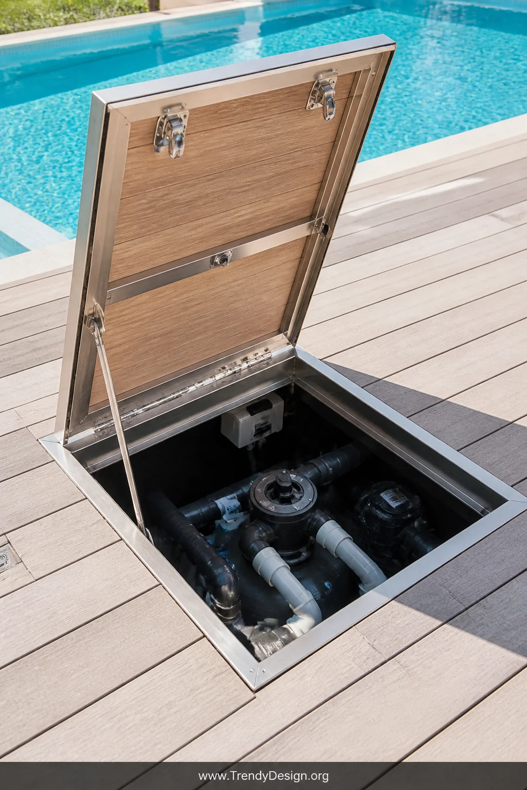 Medium shot of a pool-adjacent deck trap door propped fully open by a sleek gas strut mechanism, marine-grade stainless steel