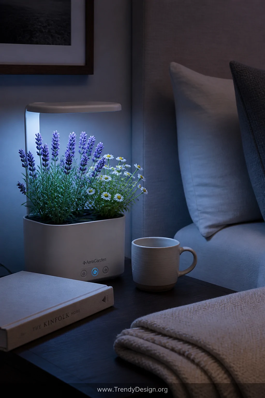 Closeup detail shot of a compact Aerogarden unit on a dark wood nightstand in a softly lit bedroom, purple lavender and delic