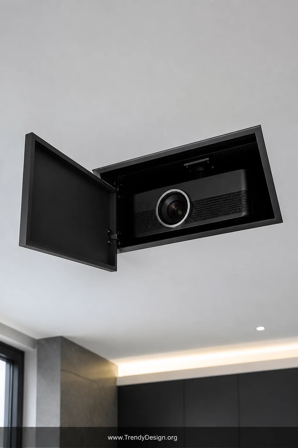 Close-up detail shot of a custom recessed ceiling box with a projector perfectly fitted inside the matte black-painted cavity