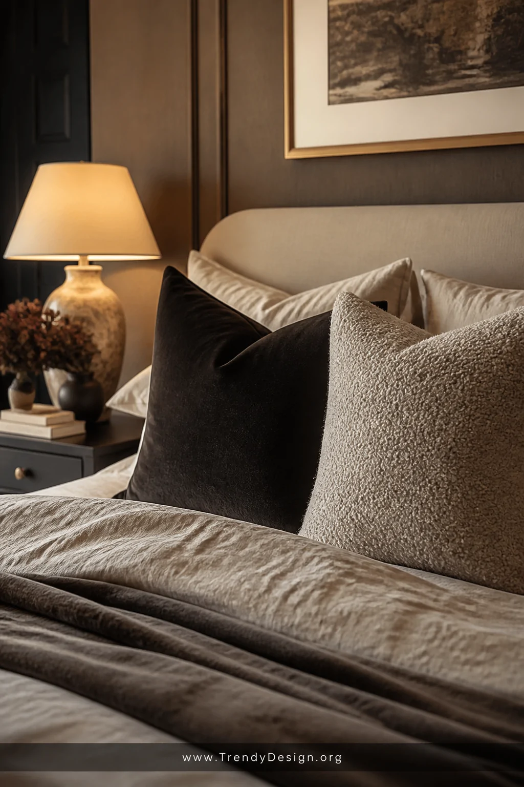Medium closeup shot of a boutique-hotel-style bed layered with pillows in a tight palette of warm ivory and soft taupe, featu