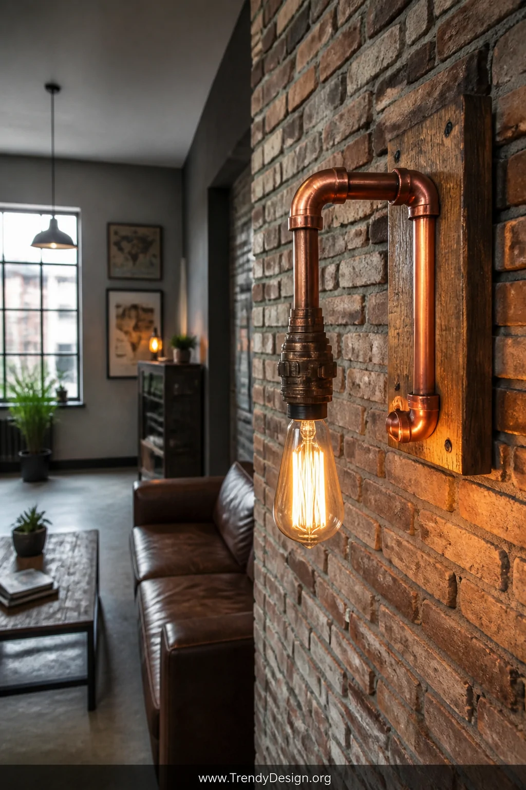 A wide room shot of an industrial-style living space with a handmade copper pipe wall lamp mounted on a raw wooden backplate,