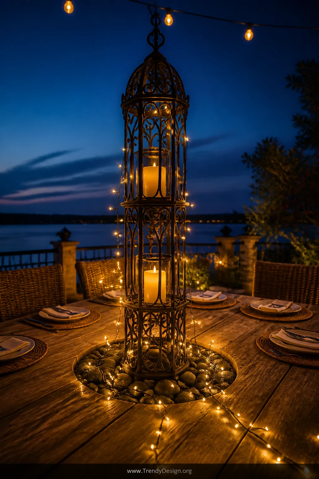 A wide moody evening shot of a patio dining table centered around a tall wrought iron lantern tower inserted through the umbr
