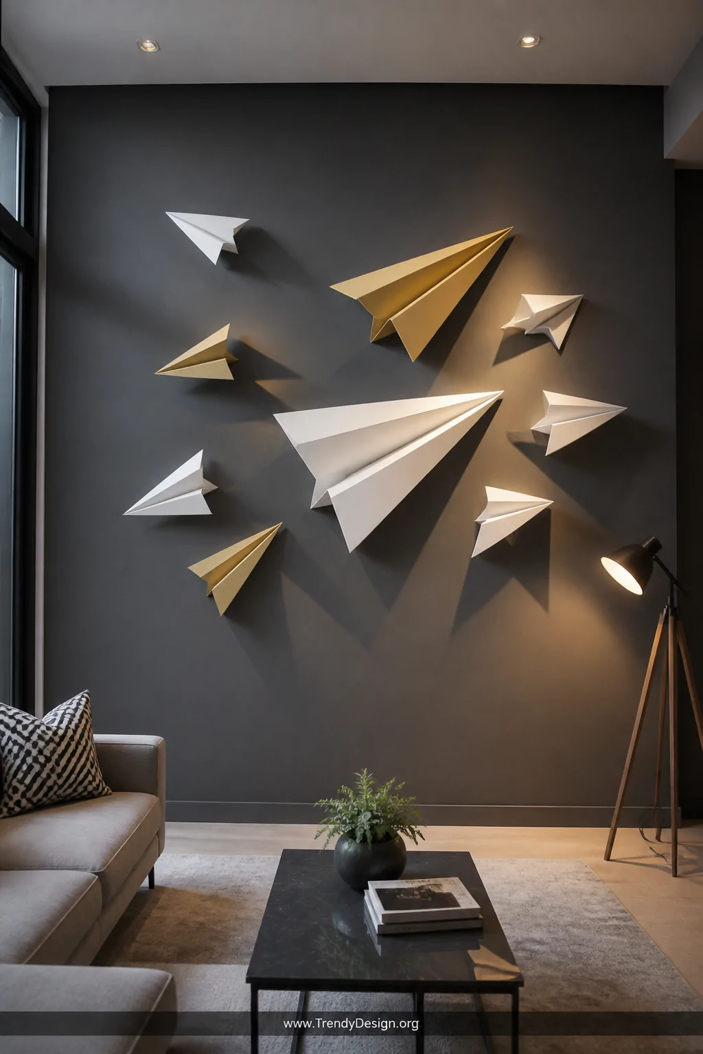 Wide shot of a dramatic living room accent wall painted in deep charcoal gray, with a large 3D paper airplane wall sculpture 
