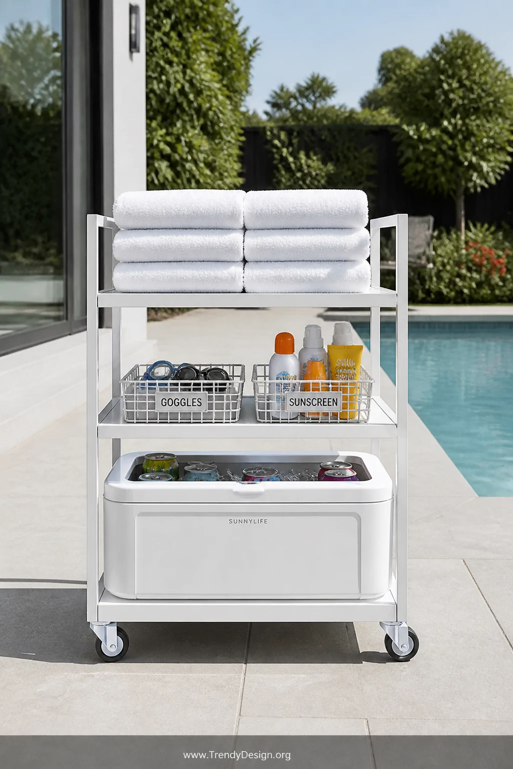 A medium-wide shot of a sleek powder-coated white rolling outdoor cart on a light grey pool deck, its open shelves neatly org