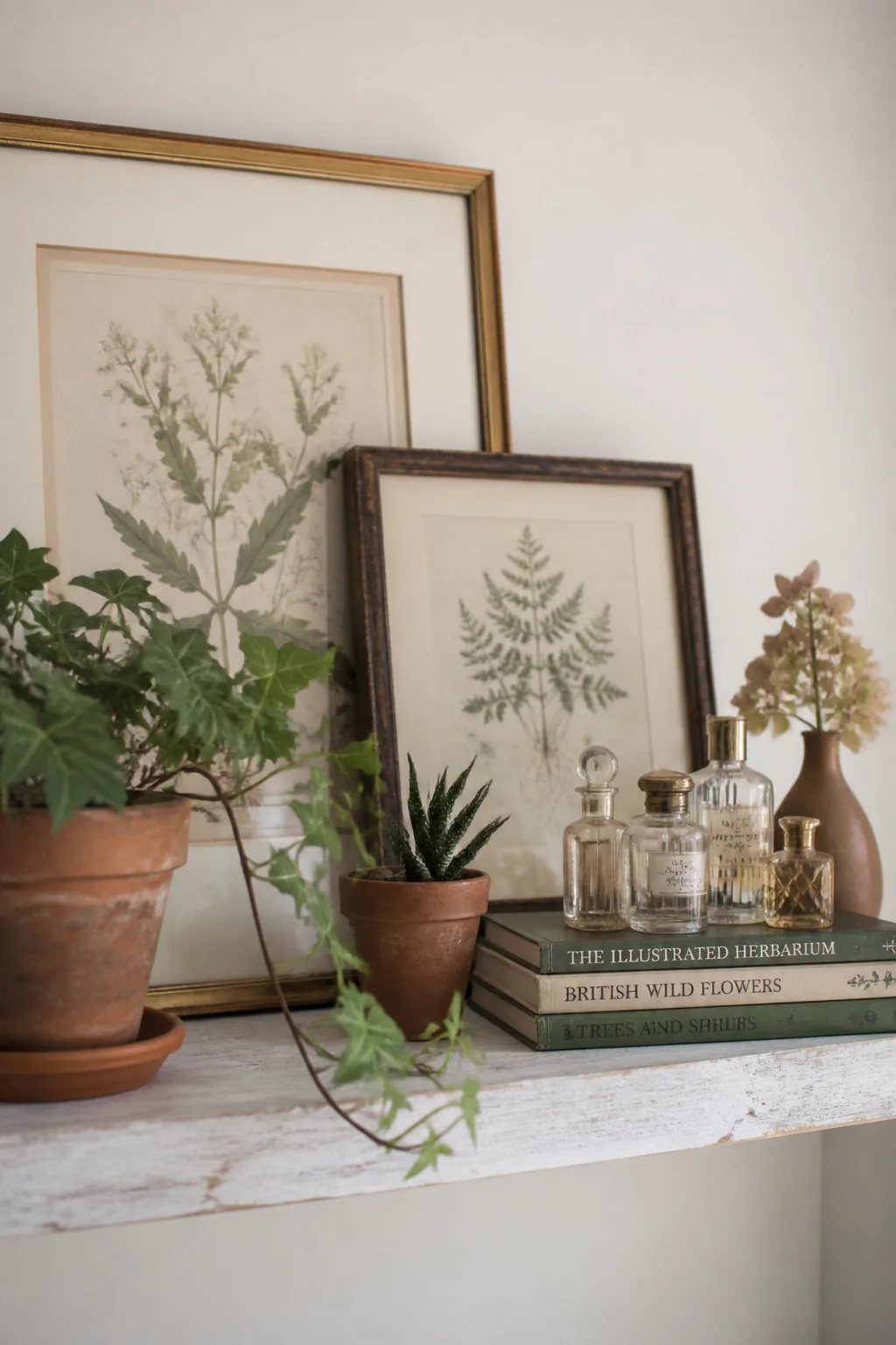 Close-up styled shelf vignette shot featuring framed vintage botanical illustration prints leaning against a wall, small pott