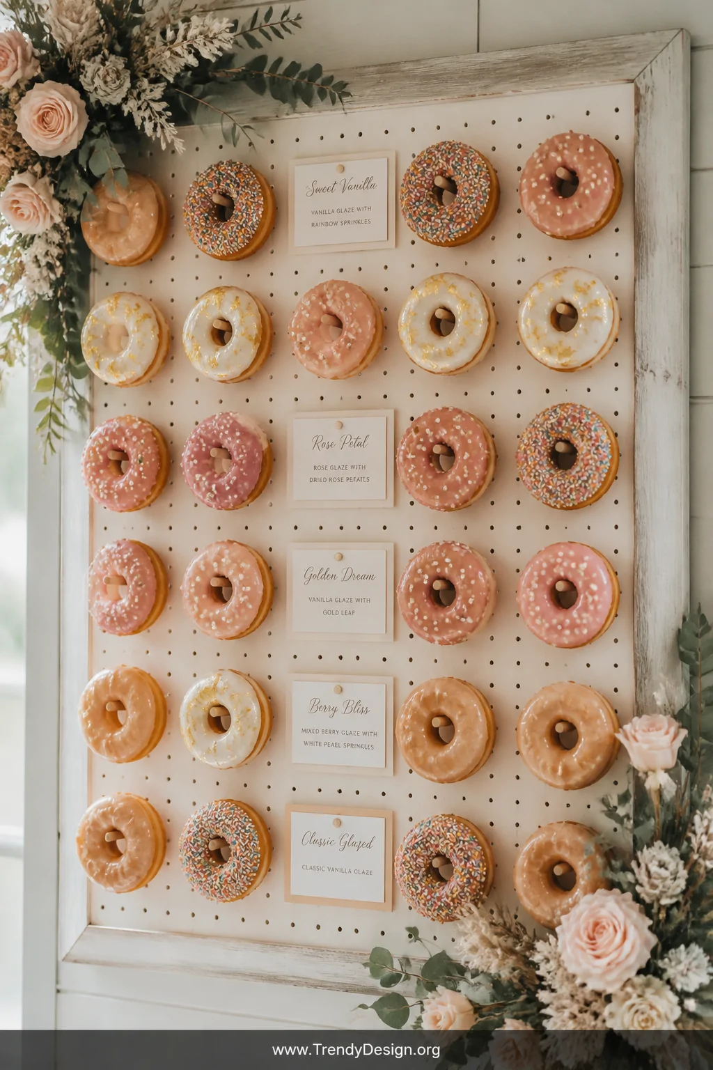 Medium shot of a painted pegboard donut wall mounted on a whitewashed wooden frame, rows of fresh glazed donuts hanging on do