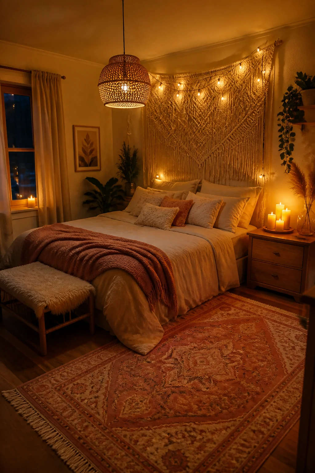 Atmospheric wide photorealistic shot of a boho bedroom at night with layered warm lighting including string lights draped alo