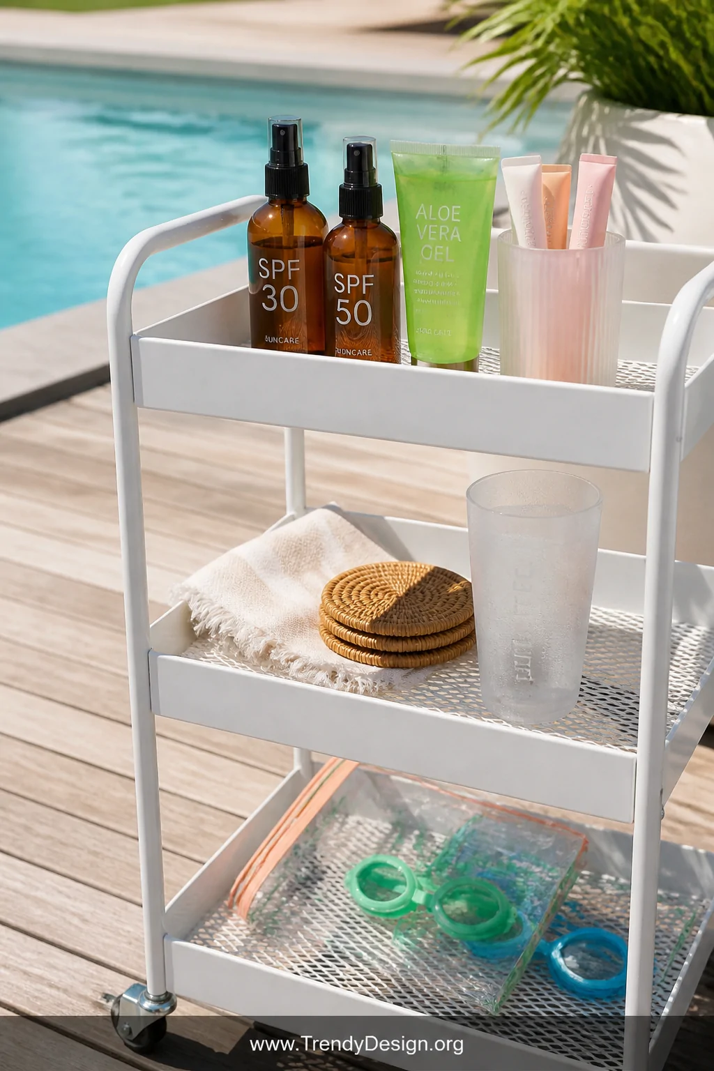 Close-up detail shot of a sleek white metal three-tier rolling bar cart staged poolside on a sun-bleached teak deck, top shel
