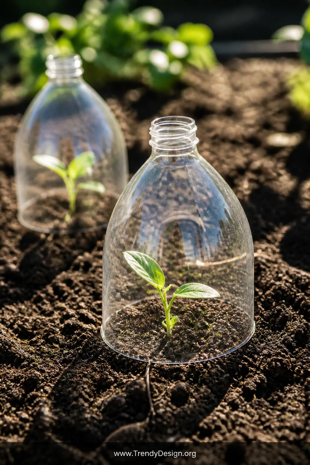 Close-up detail shot of clear plastic 2-liter bottles with their bottoms cut off placed individually over small seedlings in 
