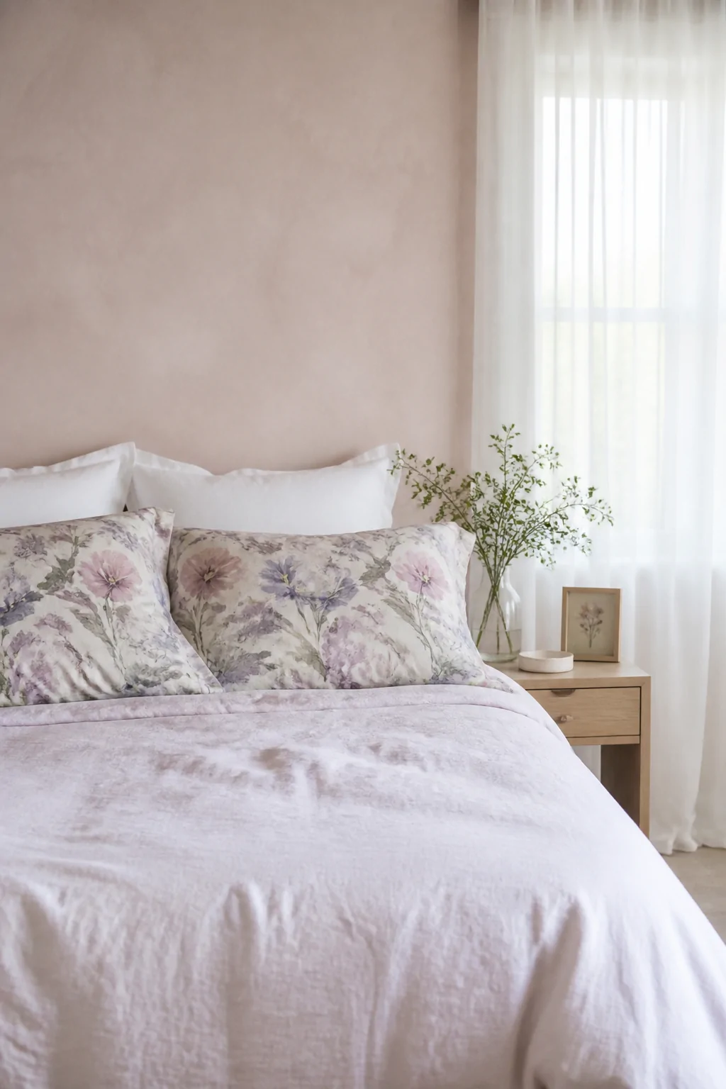 Soft detail and medium shot of a dreamy bed styled with watercolor floral pillowcases in washes of blush, lavender, and dusty