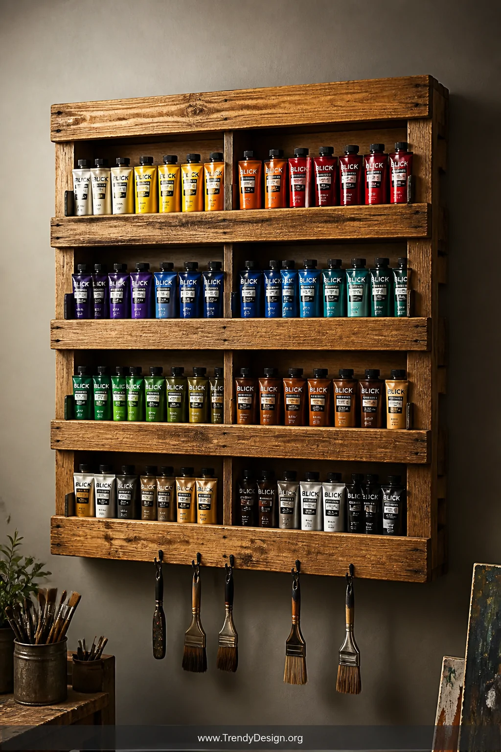 Medium wide shot of a reclaimed wooden pallet mounted securely on a warm grey studio wall, thoroughly sanded and sealed to a 