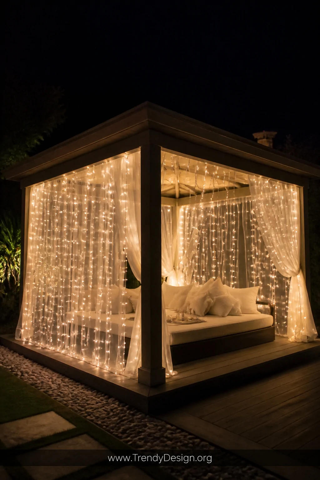 A wide cinematic shot of a gazebo at night with cascading curtain fairy lights hanging along all open sides like glowing wall